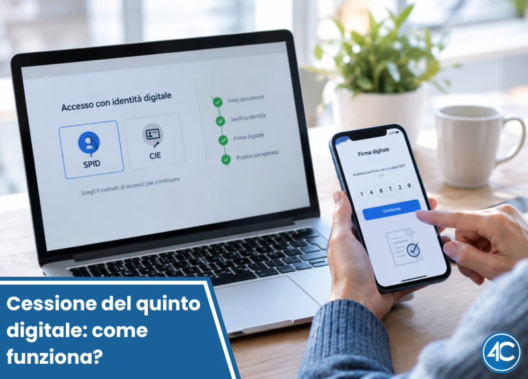 Persona utilizza laptop e smartphone per una procedura digitale di cessione del quinto con accesso tramite SPID/CIE e firma tramite codice OTP.